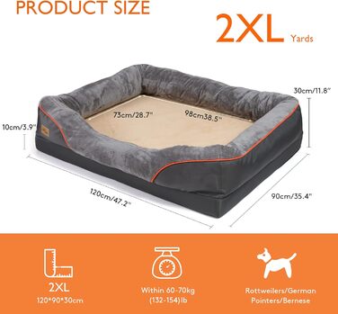 Ортопедичне ліжко для собак BingoPaw XXL, 120x90 см, товстий 10 см матрац, знімний і праний чохол, протиковзке, сіре