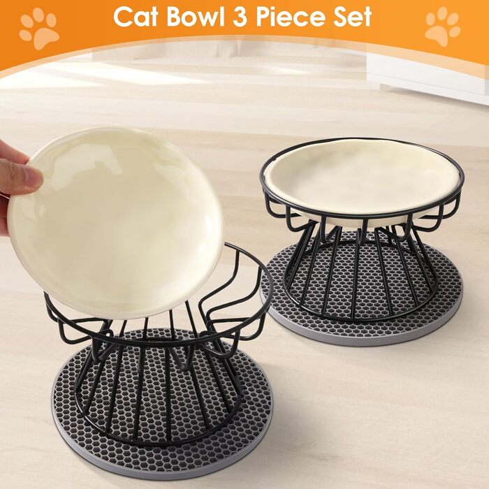 Набір мисок для котів (2 шт) з підставкою, керамічні миски для корму та води, силіконовий килимок, бежевий колір