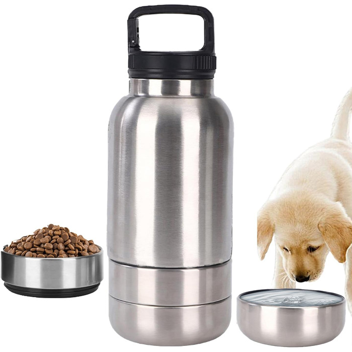 Портативна пляшка для собак з мисками для їжі та води, 3-в-1, ізольована сталева пляшка для подорожей, прогулянок, походів (глибока), срібна