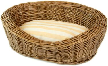 Ліжко для собак та котів, плетене з лози, кругле, з стьобаним подушкою в смужку, розмір S, коричневе