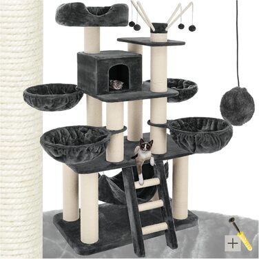 Дерев'яний комплекс для котів Tectake XXL, 195 см, з гамаком, сходами, печерею та когтеточками з сизалю, сірий/білий | 403327