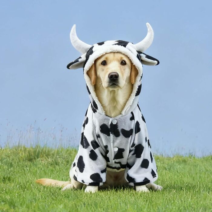 Костюм для собак FLAdorepet на Хелловін: костюм корівки, тепла флісова куртка для великих собак, розмір 6XL (Обхват грудей 89.9 см, вага 27-36 кг), білий/розкішний сад