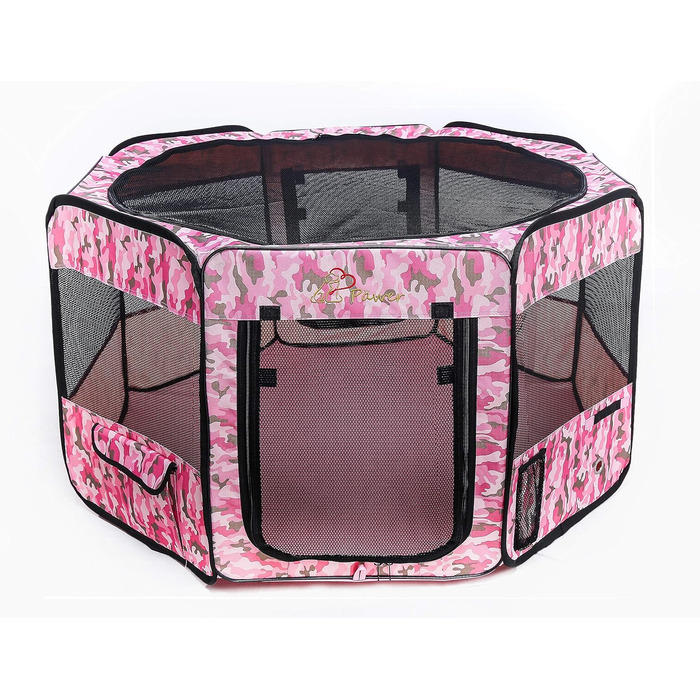 Портативний вольєр для домашніх тварин Pawer, 114x61 см, 8 панелей, рожевий камуфляж, 600D Oxford, для котів/собак/цуценят
