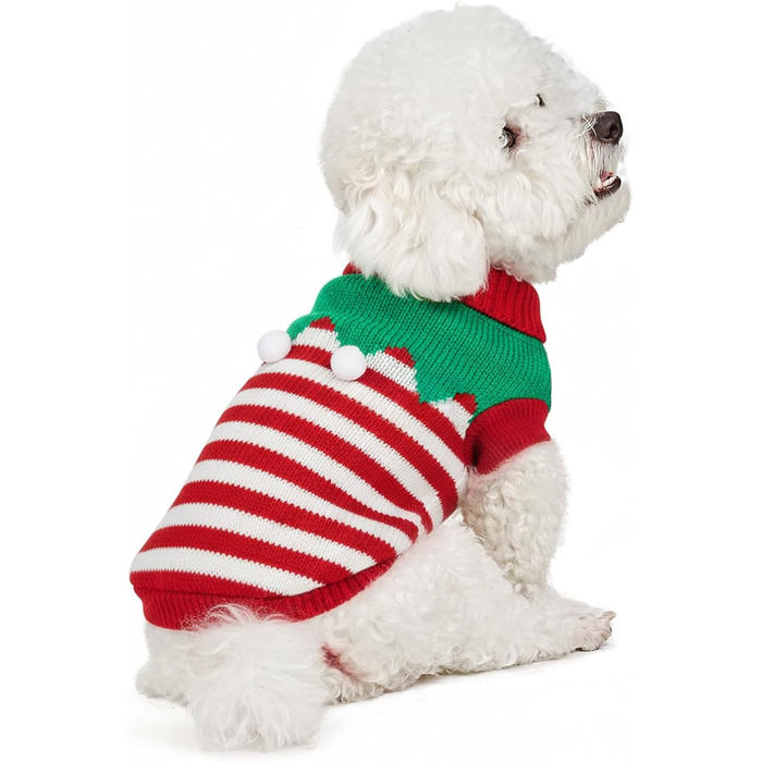 Пуловер для собак на зиму – теплий, м'який, еластичний, для дрібних та великих порід, для такс, французьких бульдогів, XS-XXL, для повсякденного використання та на Новий рік (зелений, смугастий)