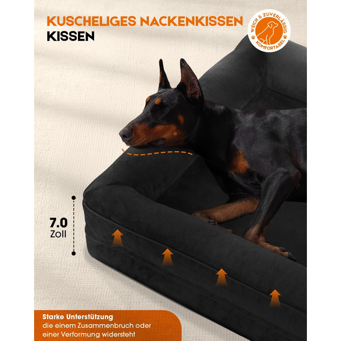 Ортопедичне ліжко для собак великих порід, кошик для собак, що можна прати, з піною у формі яйця, водовідштовхуваний диван для собак з неслизьким дном та чотиристороннім валиком (Чорний, 61x91x18 см)