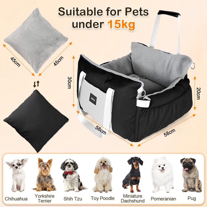 Автомобільний лежак для собак 3-в-1 – переносна лежанка для маленьких собак, з розкладною поверхнею, м'яким матрацом, для переднього та заднього сидіння, чорний