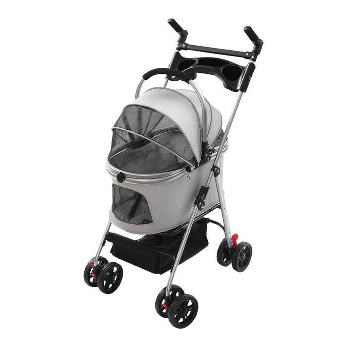 Візок для собак та котів, складний, до 12 кг, з кошиком та страхувальним тросом, сірий