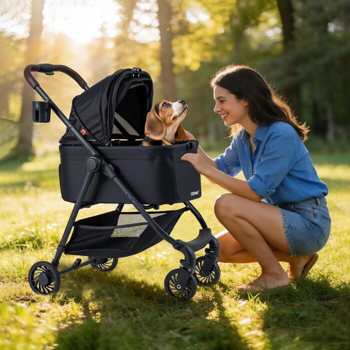 Фантаск 3-в-1 Візок для собак, переноска, сумка-переноска до 15 кг з регульованим тентом, кошиком та тримачем для напоїв, візок для домашніх тварин, складна конструкція, візок для собак, котів, домашніх тварин (Чорний)