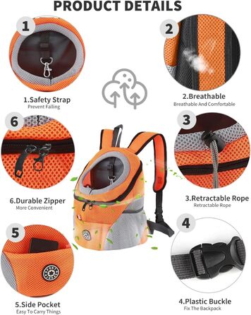 Рюкзак для собак та котів PETCUTE, зручний для подорожей, з підкладкою та водонепроникним дном, оранжевий