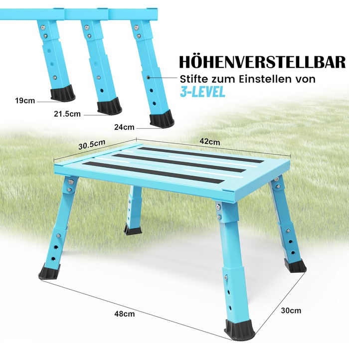 Алюмінієва розкладна сходинка-підставка, 300 кг, 3 сходинки, регульована висота, широка антиковзна поверхня, для автодому, саду та сходинок для собак, легка та складна (Блакитна)