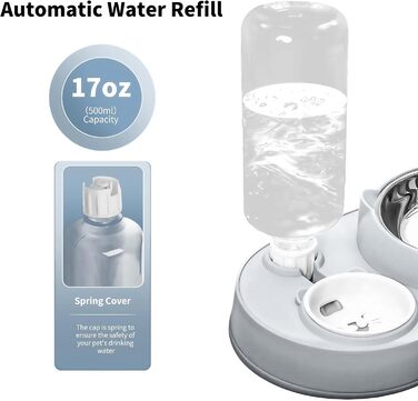 Набір мисок для котів Marchul 3 в 1: годівниця, поїлка з дозатором, миски з нержавіючої сталі, нахил 15°, для котів та собак маленьких та середніх порід (сірий)