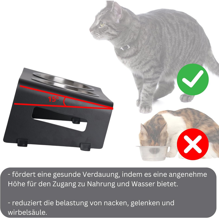 Підставка для корму PETLINUS для котів, піднята годівниця, ергономічна миска для котів, миска для котів з нержавіючої сталі та металу, годівниця для котів та маленьких собак (Чорний - Нахилена)