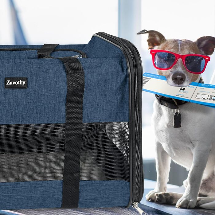 Транспортна сумка для котів та собак, дихаюча та складна, транспортна переноска для котів з регульованим плечовим ременем, знімна плюшева підстилка (Темно-синій, L)