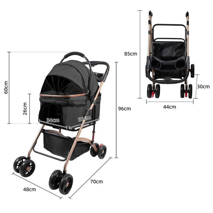 Дитяча коляска для тварин Homewell, чорна, складна, знімний кошик, сітка-вікно, ремені на плече, тримач для напоїв, до 20 кг