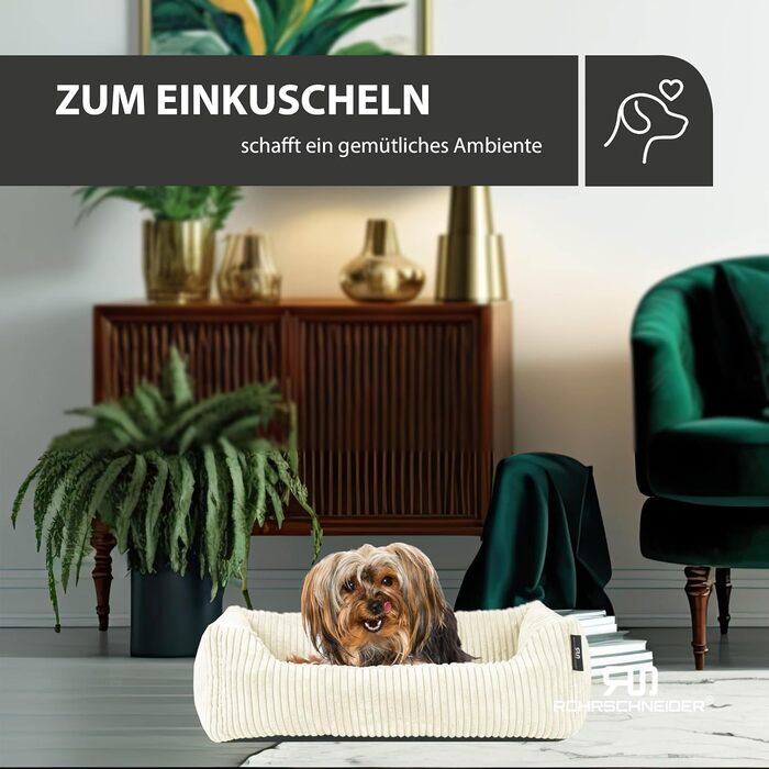 Ліжко для собак Рохрснайдер | для маленьких собак | з подушкою з корду | знімний чохол | з мискою для корму (55 x 42 см, ванільний)