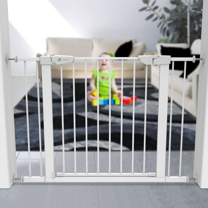 Захист для сходів Vounot без свердління, 75-108 см, для дітей, собак та котів, автоматичне закриття, магнітний замок, 90° фіксація, білий (2x подовжувач)