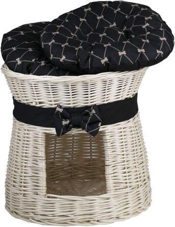 Кругла котяча хатинка e-wicker24 з плетеної лози, двоярусна, з подушкою та стрічкою, котячий будиночок (кремовий/чорний)