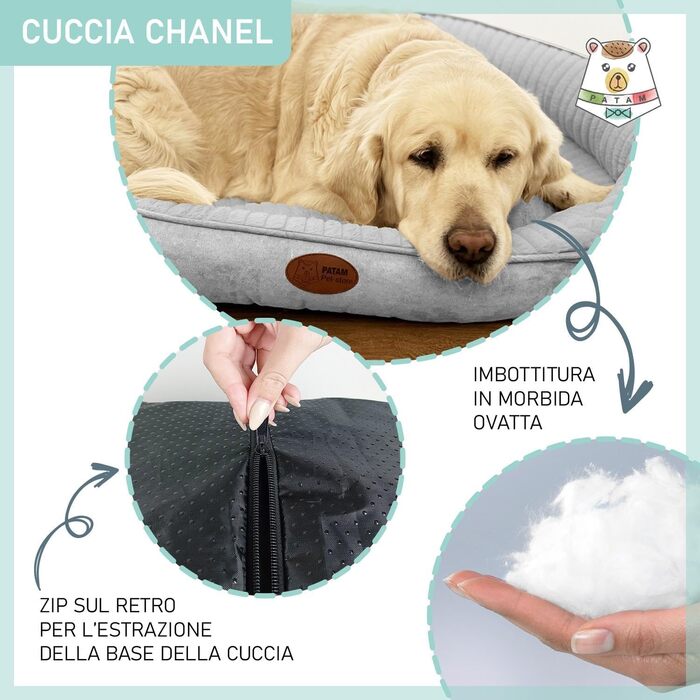 Лежак для собак і котів Chanel, світло-сірий, великий, 74x64x25 см, знімний чохол, м'який, з бортиками, протиковзка основа, машинне прання