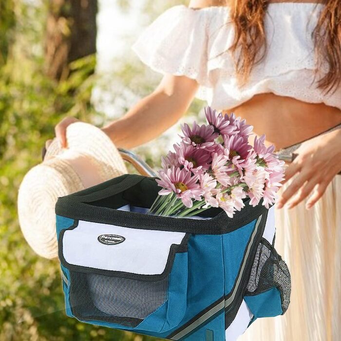 Переноска для собак на велосипед - сумка-переноска для тварин | Регульована переноска для собак з м'якими боковинами та світловідбиваючим ремінцем для транспортування котів, собак та кроликів (блакитна)