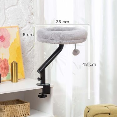 Ліжко-стіл для котів PawHut: обертається на 360°, регульована висота, знімний та пральний чохол, для котів до 6 кг, для дому та офісу, кремово-білий (сірий)