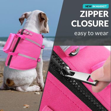 Жилет для плавання собак Queenmore XL, рятувальний жилет для собак, жилет для собак, плавання, човнові прогулянки, для цуценят, легкий, регульований, світловідбиваючий, з задньою блискавкою, рятувальний ручка, X-Large, фуксія