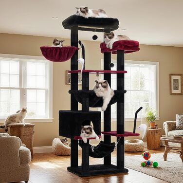 Великий котячий будиночок Kratzbaum: стабільний, 200 см, з платформами, печерами, гамаком та сизалевими стовпчиками (GCT031W, чорний та червоний)