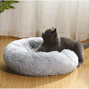 Заспокійливе ліжко для собак, пончик для великих собак, тепле, екстра велике, штучне хутро, ліжко для домашніх тварин, самонагріваюче, кругле, плюшеве, ліжка для собак великих та середніх порід, прання можливе (сірий, XXL)