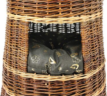 Корзина для котів для сну – котяча хатинка для дому – розмір 43 x 49 x 70 см, кругла – котяча хатинка з лози, трирівневе ліжко для собак або котів з пральним подушками в бежевому кольорі – лакована корзина (подушка темно-коричнева)