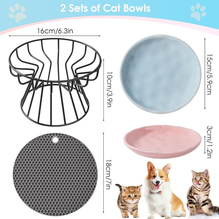 Набір мисок для котів (2 шт.) з підставкою, керамічні миски для корму та води, силіконовий килимок, блакитний + рожевий