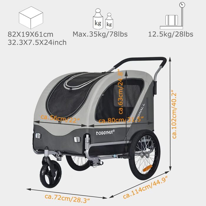 Велопричіп та візок для собак Doggyhut Original Large 2 в 1, до 35 кг, з ручним гальмом Tiggo 80405