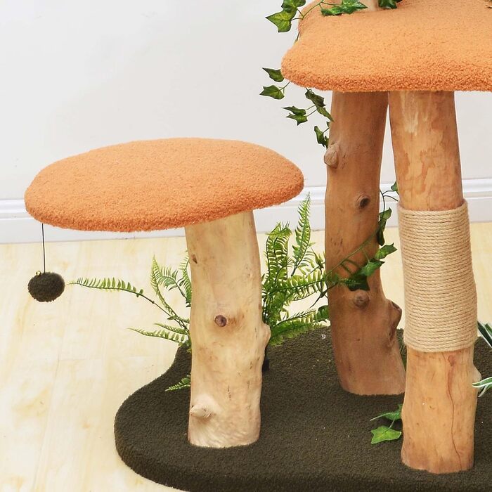 Котячий будиночок з когтеточкою Fudajo з рослинним декором, 154 см. Когтеточка з штучним хутром та деревом, будиночок для котів з іграшками, котячі меблі з платформами