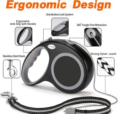 Рулетка для собак EC.TEAK, 9.1 м, для середніх та великих собак до 35 кг, міцна, не заплутується, чорна