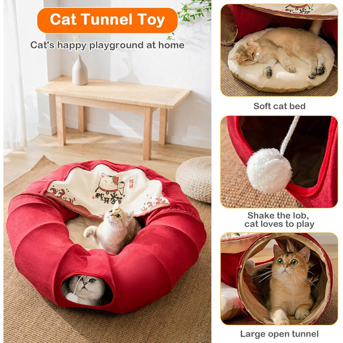 Котяче ліжко-тунель 2 в 1 ALLSOPETS, кругле, складане, іграшка-тунель для котів з підвішеними ігровими кульками, для котів, кошенят, кроликів, цуценят і дрібних тварин, червоне