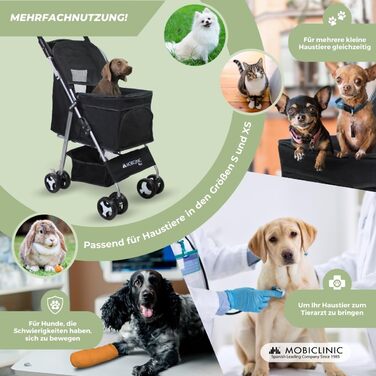 Візок для собак Mobiclinic® Pets, чорний, до 15 кг, з великим кошиком, 3 вікна, гальма, тримач для напоїв