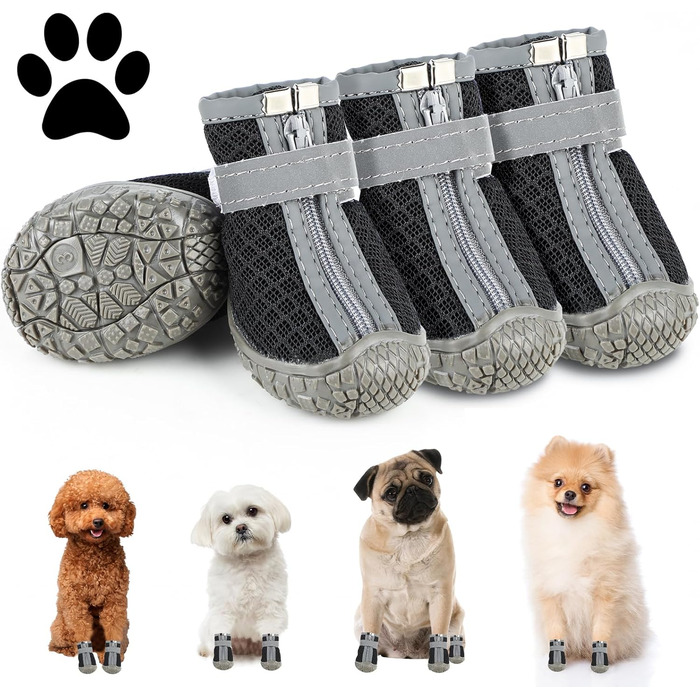 Чоботи для собак, захист подушечок лап, Outdoor, 4 шт. З відбиваючим кріпленням на липучці, дихаючі, регульовані, для малих та середніх собак (Чорний, 5)