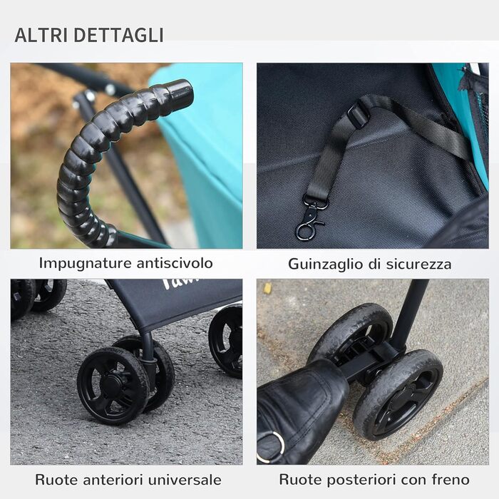 Візок для собак PawHut, зелений, складаний, з поворотними колесами та гальмом EVA, 65x42x94 см