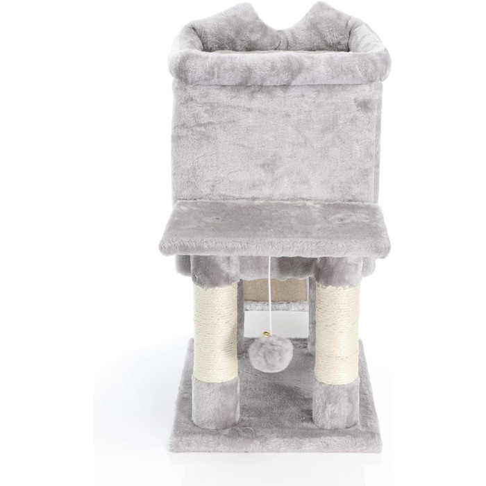 Дряпка для котів Fudajo 60 см з будиночком, платформами та ігровими елементами, покриття сизаль, сірий колір