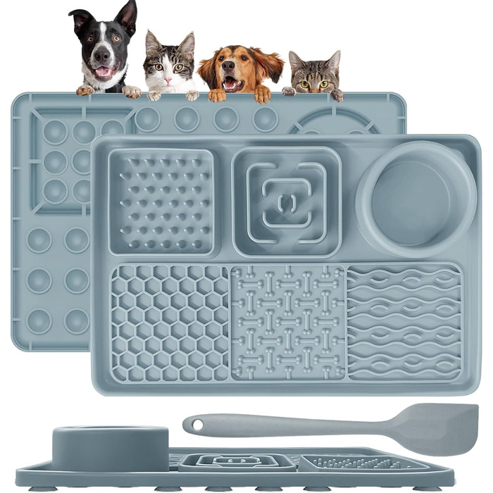 Силіконова килимок-заспокійвач для собак та котів Cooltto з мискою з нержавіючої сталі, з присосками, для грумінгу, миття та тренувань (Сірий, Модель A- 6 в 1 з 59 присосками)