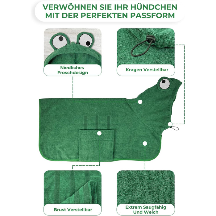 Рушник для собак Badeantel: м'який рушник з мікрофібри, швидковисихаючий, з регульованим коміром на липучці, для собак та котів (XL, зелений)