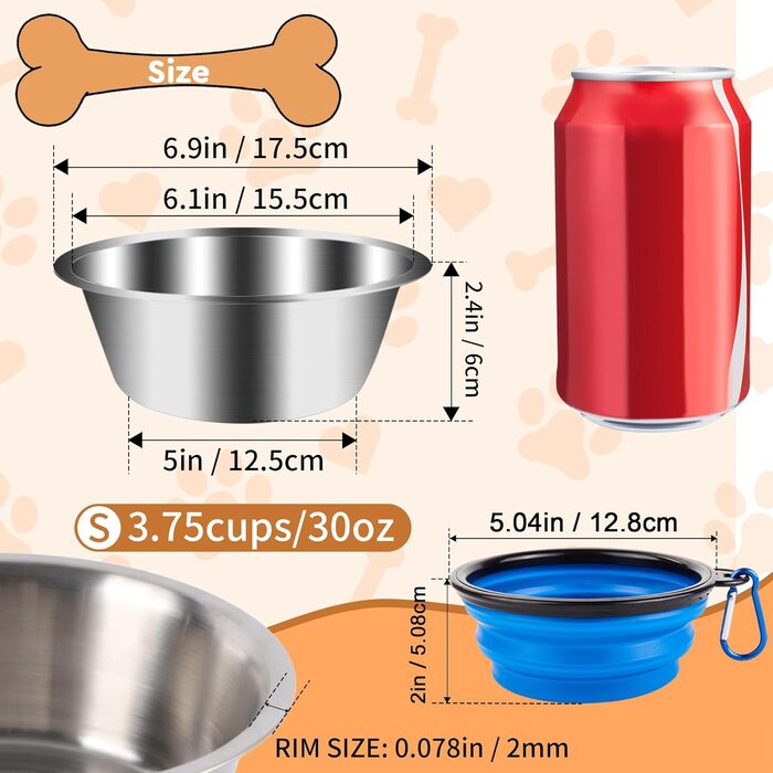 Набір мисок для собак з нержавіючої сталі, 6 шт. Великі, середні та малі миски для корму та води для собак, 900 мл, складані