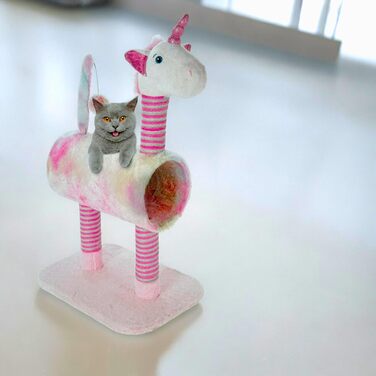 Драбинка для котів Mijoma з дизайном єдинорога, рожевий колір, 3 стовпчики з сизалю, іграшковий хвіст з помпоном, плюшева голова та тунель, 85x40x30 см – ідеально для гри та догляду
