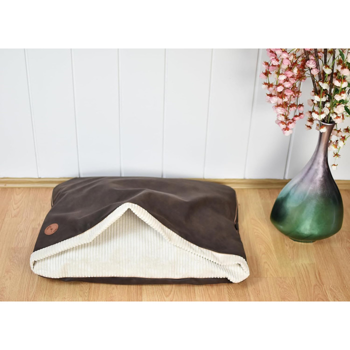 Ліжко для собак середніх та маленьких порід, м'яке ліжко для котів з капюшоном, неслизьке, миється, дизайн Lauren NEL (M 80 x 60 см), Колір: Коричневий + Кремовий