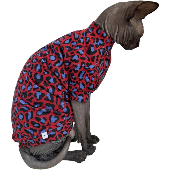 Футболка для собак Sphynx, бавовна, без хутра, круглий комір, леопардовий принт, розмір L (3,5–4,5 кг), синьо-червоний леопардовий принт