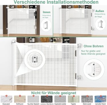 Захист для сходів з замком, розтяжний захист для дітей та собак, ширина 150 см, висота 83 см (140 см/білий, без свердління, автоматичний замок)