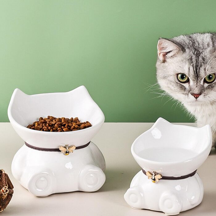 Миска для кота Disoza, піднята, кераміка, зелена, 14.8x14.6x14.3 см, у формі кота, миска для корму, аксесуар для годівниці, придатна для миття в посудомийній машині