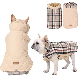 Зимовий одяг для собак, водонепроникна тепла куртка для малих, середніх та великих собак, для активного відпочинку на вулиці з отвором для повідка, двостороння куртка в клітинку, бежевого кольору, розмір L
