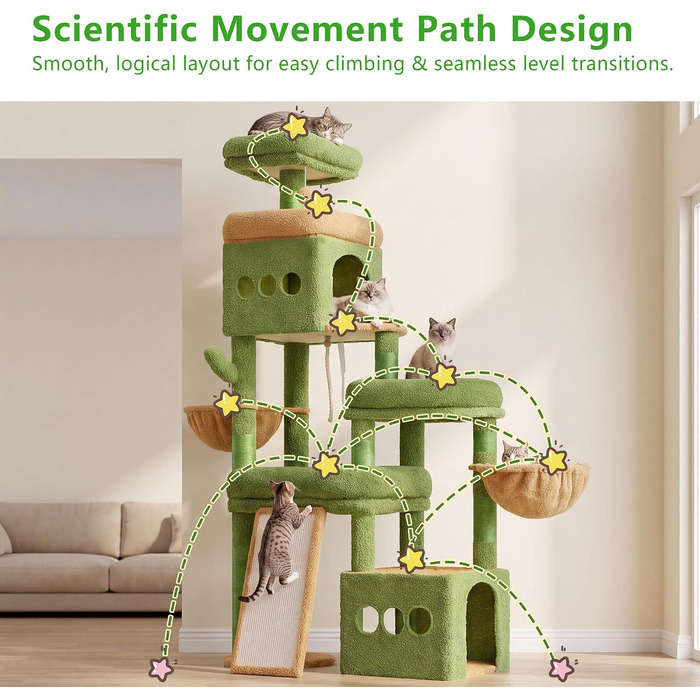 Heybly Kratzbaum HCT060MJ: Великий когтеточка для котів 184 см, 3 рівня, 2 печери, 2 кошики, сизаль, для декількох котів (Зелено-Жовтий)