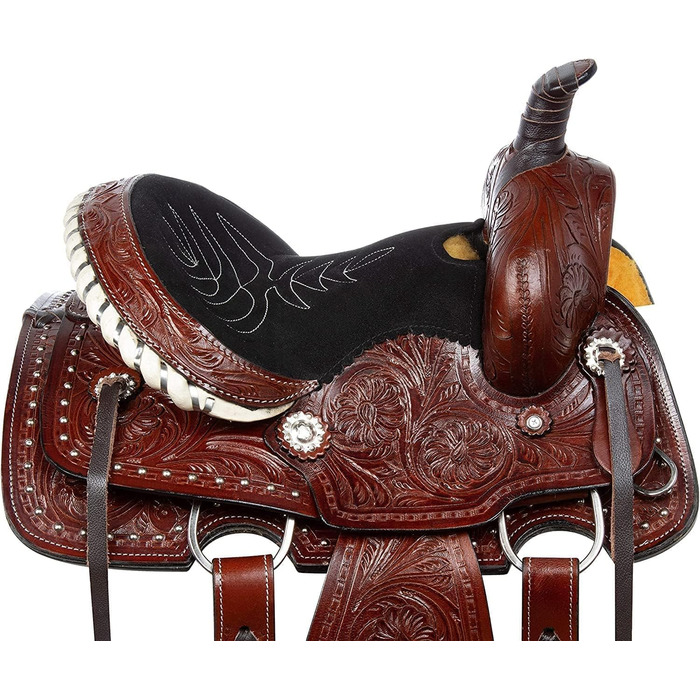 Вестерн-сідло Barrel Racer з тисненням для шоу, прогулянок і трейл-райдингу, шкіра, розмір для коня і поні, сидіння 25,4-45,7 см