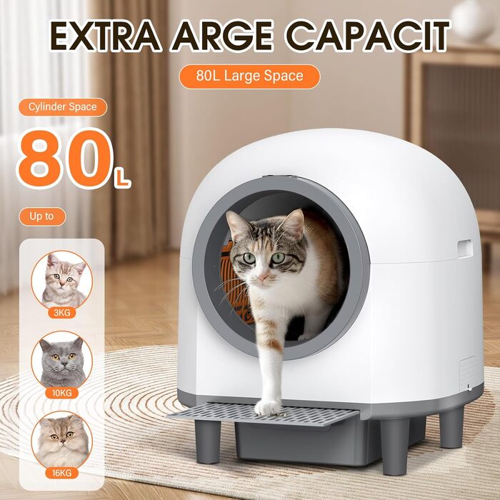 Автоматичний туалет для котів XXL, 80 л, самоочищення, керування через додаток, датчики безпеки, нейтралізація запаху, система безпечного зупинення, білий
