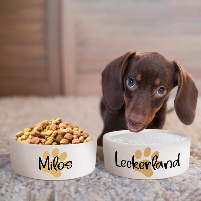 Керамічний двомісний набір мисок з іменем або текстом для собак та котів 'Велика лапа' - персоналізований набір мисок з/без підставки | Миска для собак, годівниця, миска для котів | Годівниця (2 x 500 мл)